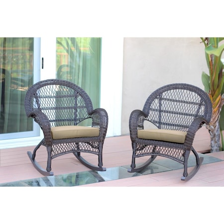 Jeco W00208-R-2-FS006-CS Espresso Wicker Rocker Chair with Tan Cushion, 2PK W00208-R_2-FS006-CS